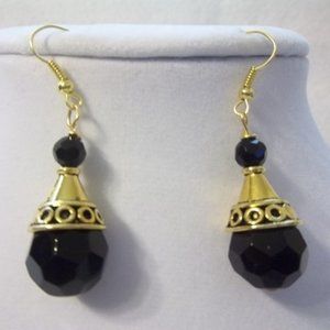 Hand Crafted Jet Black Glass Faceted Beaded Statement Dangle Drop Earrings